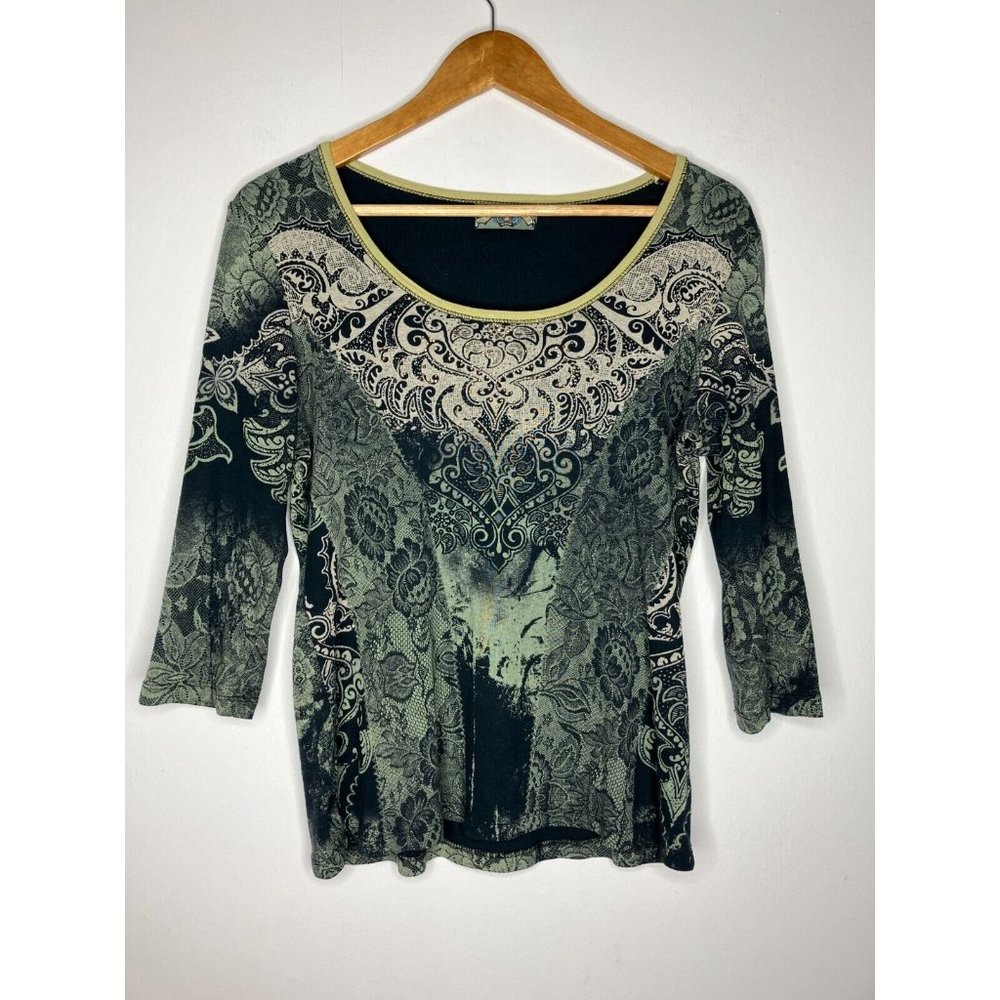 Y2K Vintage Boho Fairy Grunge Top Medium Rhinestone Green Black Vanilla Sugar